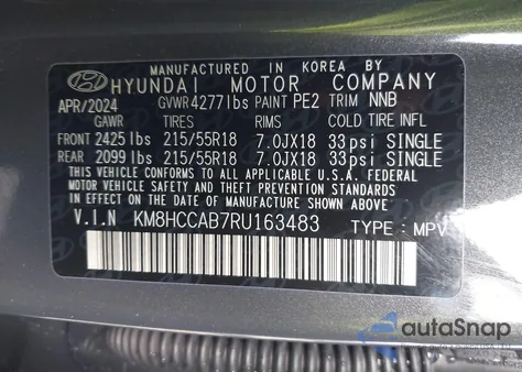 2024 Hyundai Kona Sel из США, поврежденный, VIN KM8HCCAB7RU163483